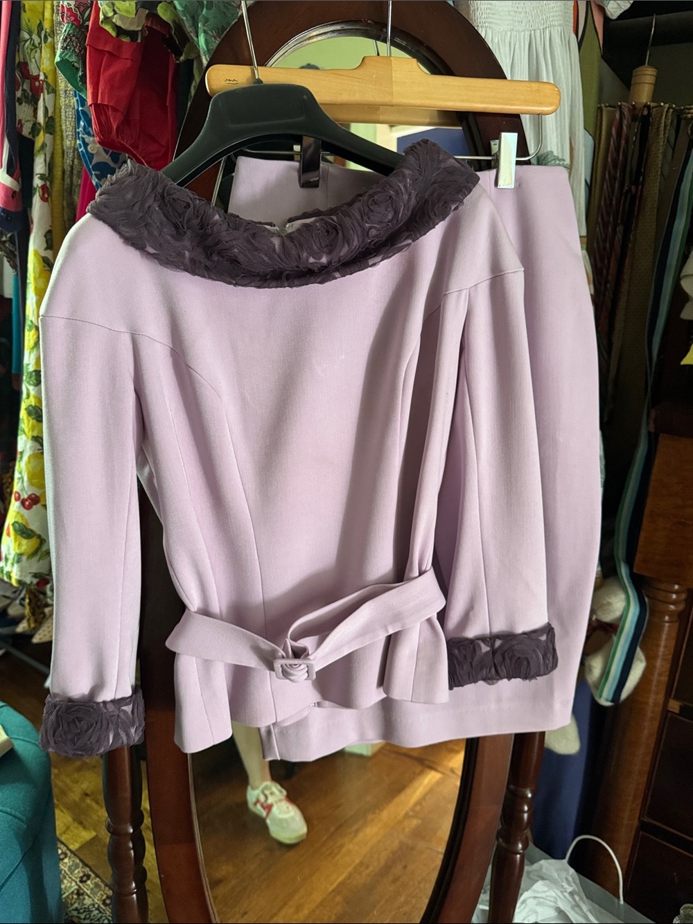 BGL Lilac Two-Piece Blazer & Skirt Set with Dark Lilac Trim